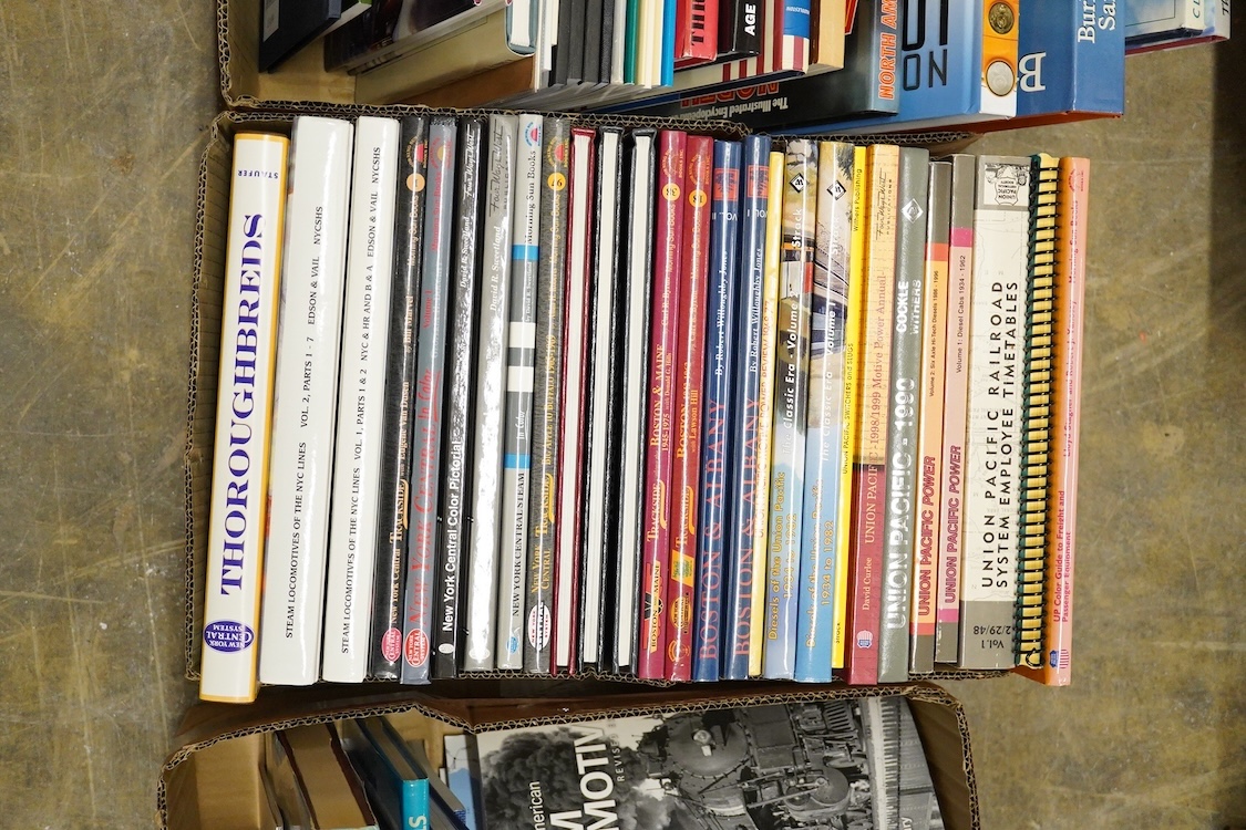 Four boxes of railway related books, primarily American outline, subjects include; the Union Pacific, Boston & Albany, North American Locomotives, British Railways locomotives ABCs, etc., publishers include; Morning Sun